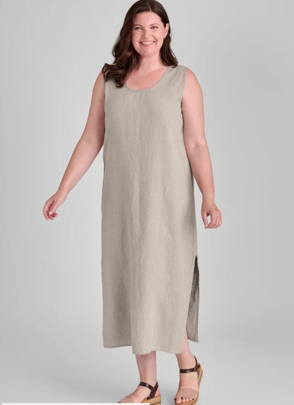 FLAX Jeanne Engelhart 1G 1X 100% Linen Maxi Dress Natural Cream Light Gray